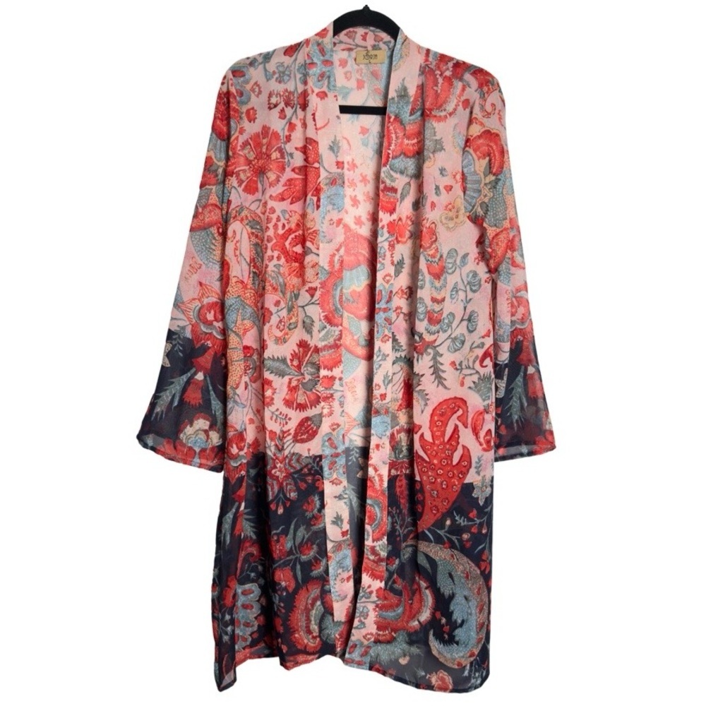 Jorja Bohemian Floral Red Pink Sheer Open Front Long Sleeve Sheer Kimono L